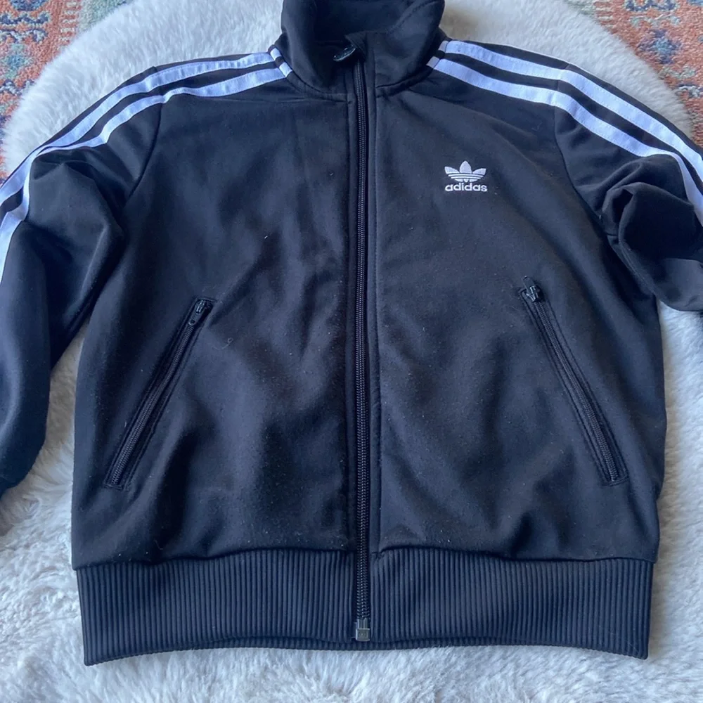 Adidas Original kids black white track jacket zip up lightweight three stripe XS